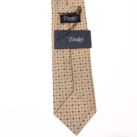 Drake's NWT Neck Tie Beige w/ Blue & Green Mini Floral / Geo Pattern 100% Silk